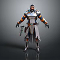Futuristic Sci Fi Bearded Male Character In Metallic Armor With Long Coat And Weapon