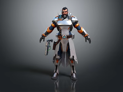 Futuristic Sci Fi Bearded Male Character In Metallic Armor With Long Coat And Weapon 3d model