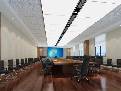 Modern Conference Room Interior With Long Wooden Table Black Chairs And Ceiling Lights 3d model