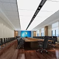 Modern Conference Room Interior With Long Wooden Table Black Chairs And Ceiling Lights