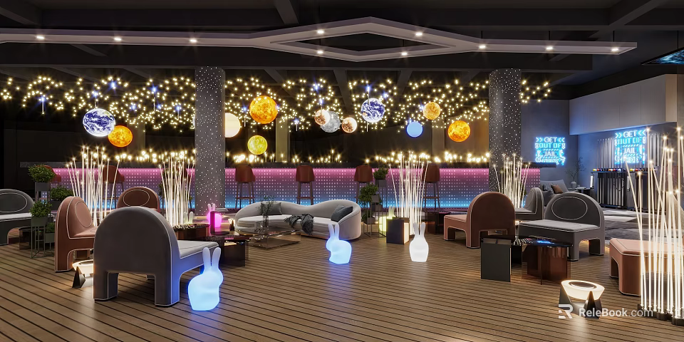 Modern Billiard Room Interior With Decorative Lights Neon Signs Bar Counter And Lounge Sofas 3d model 
