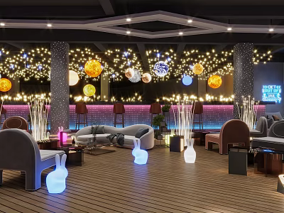 Modern Billiard Room Interior With Decorative Lights Neon Signs Bar Counter And Lounge Sofas 3d model