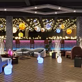 Modern Billiard Room Interior With Decorative Lights Neon Signs Bar Counter And Lounge Sofas