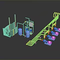 Industrial Equipment System 3D Model With Green Pipes Blue Tanks Pink Components And Wooden Frame