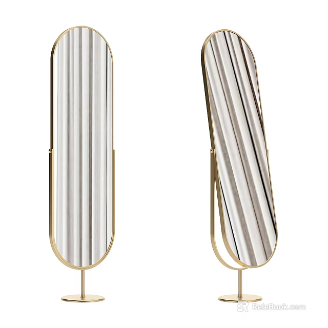 Elegant Modern Decorative Floor Mirror with Gold Stand and Striped Design 3d model 