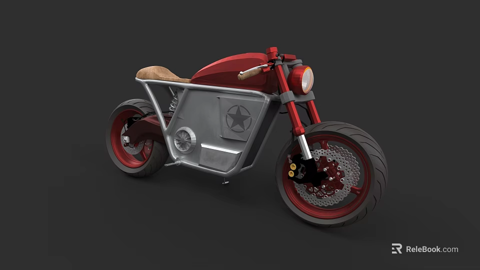 Red And Silver Motorcycle With Brown Seat Star Emblem And Round Headlight 3d model 