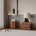 Wooden Nightstand With Drawers In Cozy Bedroom Featuring Patterned Wallpaper Table Lamp And Curtains