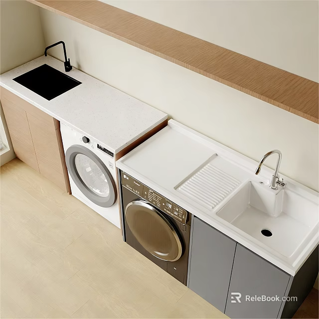 Gray And Brown Balcony Cabinet With Washing Machine Sink And White Countertop 3d model 