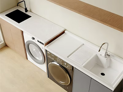 Gray And Brown Balcony Cabinet With Washing Machine Sink And White Countertop 3d model