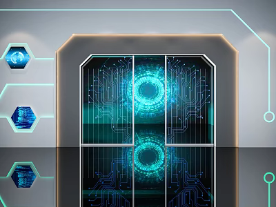 Futuristic Tech Interior With Circuit Board Patterns And Blue Glowing Elements 3d model