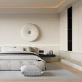 Modern Bedroom Interior Design With Soft Lighting Round Wall Art Floor Lamp And Plush Bed