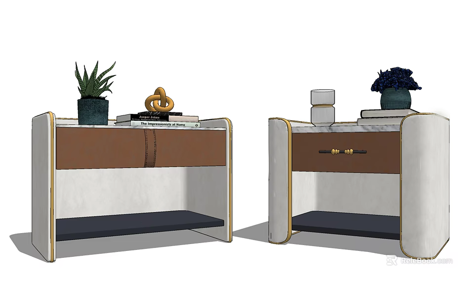 Elegant Modern Nightstands With Marble Top Brown White Finish And Decorative Plants 3d model 