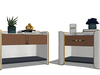 Elegant Modern Nightstands With Marble Top Brown White Finish And Decorative Plants 3d model