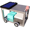 Solar Powered Mobile Cart With Pink Hat White And Blue Boxes And Wheels