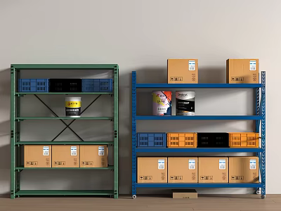 Green and Blue Storage Racks with Blue Yellow Boxes Cans and SEALED Cartons 3d model