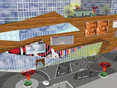 Modern Commercial Complex Interior Design With Glass Curtain Walls Wooden Structures And Art Installations 3d model