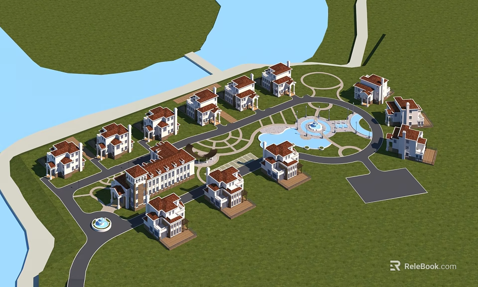 Luxury Residential Buildings With Green Lawns Water Fountain And Scenic Landscape 3d model 