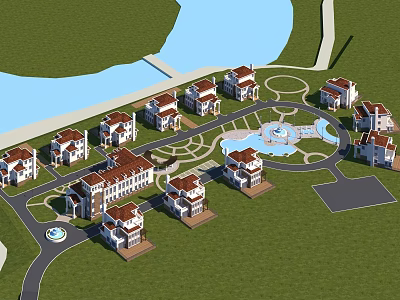 Luxury Residential Buildings With Green Lawns Water Fountain And Scenic Landscape 3d model