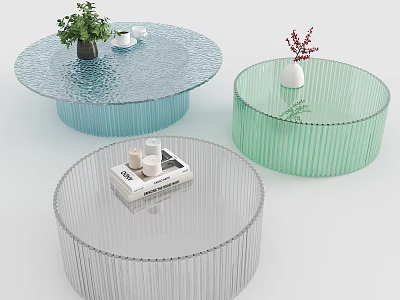 Modern Round Transparent Coffee Tables With Blue Green Clear Colors Featuring Plants Vase Books Cups 3d model