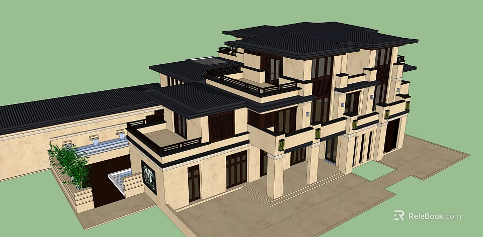 Modern Chinese Style Villa Exterior Design With Black Roof Beige Facade And Balconies 3d model 