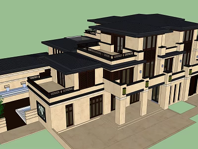 Modern Chinese Style Villa Exterior Design With Black Roof Beige Facade And Balconies 3d model
