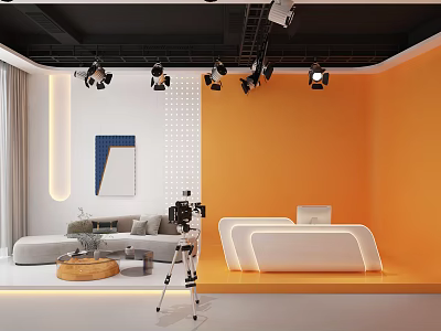 Modern Public Office Space With Black Ceiling Track Spotlights Orange Accent Wall And Sofa Area 3d model