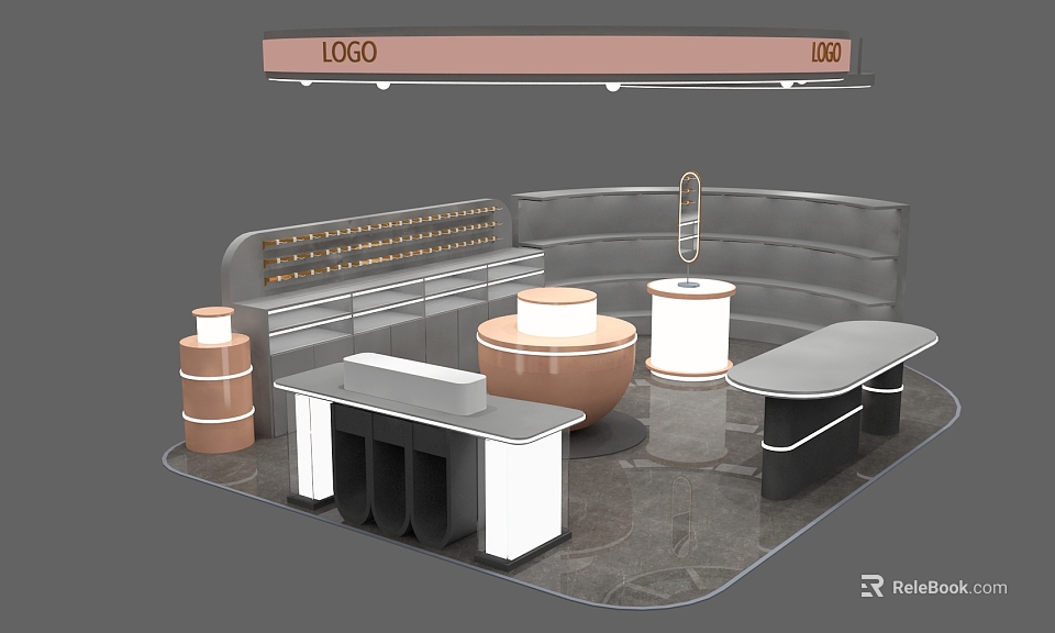 Luxury Jewelry Store Interior With Curved Display Counters Modern Stands And Marble Floor 3d model 