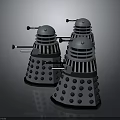 Three Metallic Robot Models With Dome Heads Circular Holes Mechanical Arms And Black Bases