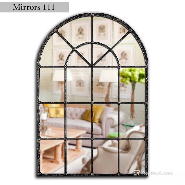 Arched Mirror with Black Metal Frame Reflecting Living Room Sofa Table Lamp Green Plant 3d model 