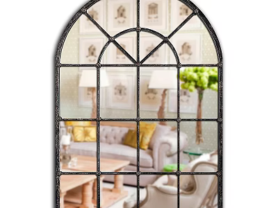 Arched Mirror with Black Metal Frame Reflecting Living Room Sofa Table Lamp Green Plant 3d model