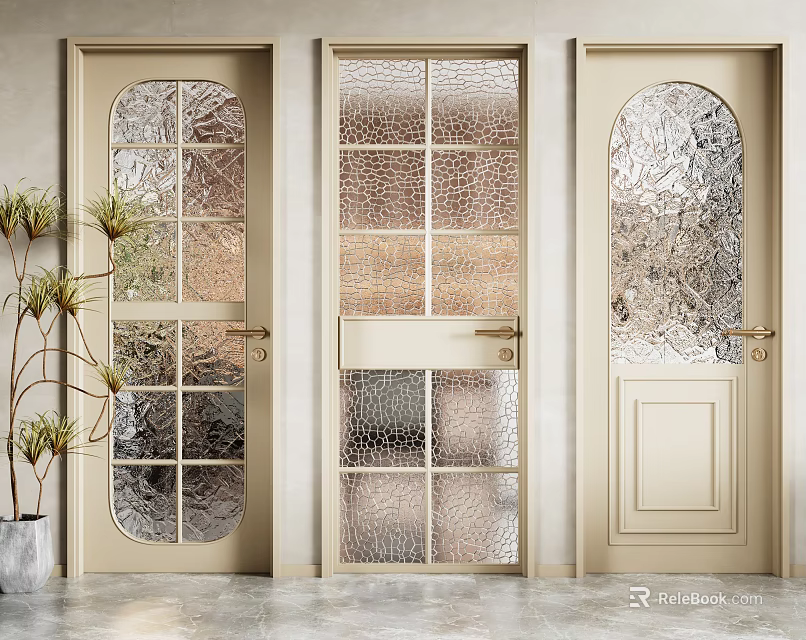 Elegant Modern Beige Casement Doors With Arched Textured And Panel Glass Designs 3d model 