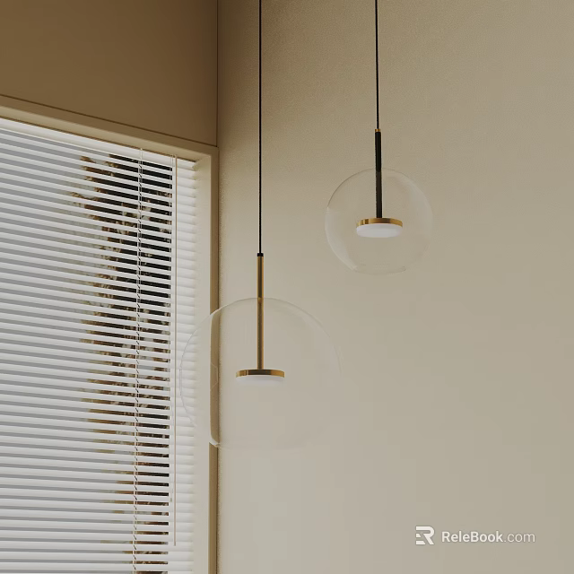 Modern Clear Glass Pendant Lights With Gold Metal Frame In Room With Window Blinds 3d model 