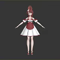 Child with Red Hair and Rabbit Ears Wearing Red and White Dress and Red Shoes