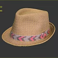 Light Brown Woven Straw Hat With Pink White Geometric Pattern Band