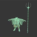 Man Dressed In Traditional Mythical Costume With Outstretched Arms Next To Tall Green Trident