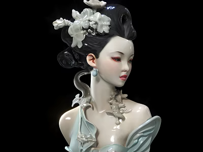 Decorative Figurine Ornament Set With Female Floral Headpiece Updo Necklace Earrings And Elegant Attire 3d model