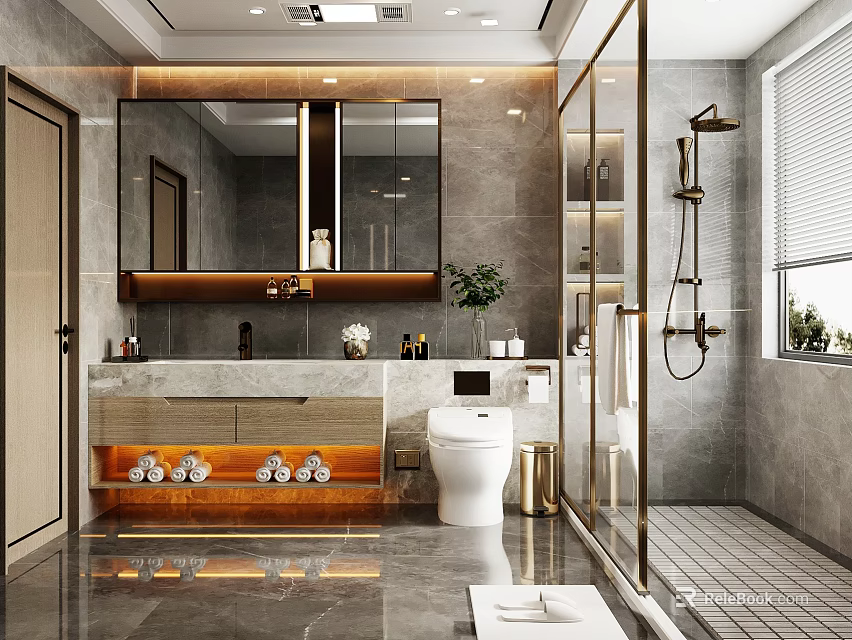 Modern Bathroom Interior With Double Mirror Cabinet Marble Countertop Smart Toilet Gray Tiles And Lighting 3d model 