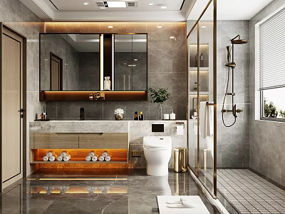 Modern Bathroom Interior With Double Mirror Cabinet Marble Countertop Smart Toilet Gray Tiles And Lighting 3d model