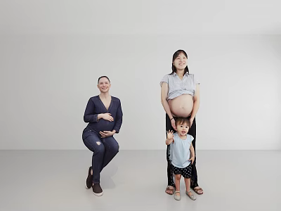 Two Pregnant Women And A Child Smiling Together In Studio Portrait 3d model