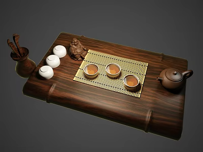 Traditional Chinese Tea Set With Wooden Tray Teapot Cups Coasters And Figurine Decor 3d model