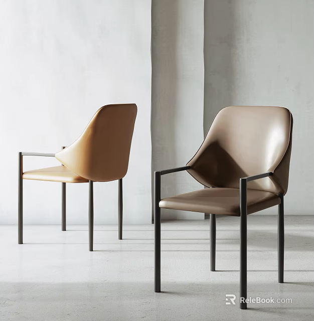 Modern Brown Leather Dining Chairs Featuring Metal Frame In Minimalist Space 3d model