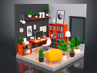 Cartoon Scene of Cozy Workspace with Orange Bookshelves Desk Computer Yellow Chair and Green Plants 3d model
