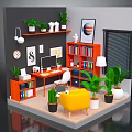 Cartoon Scene of Cozy Workspace with Orange Bookshelves Desk Computer Yellow Chair and Green Plants