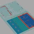 Basketball Gymnasium Featuring Multiple Colorful Courts Fencing And Seating Benches