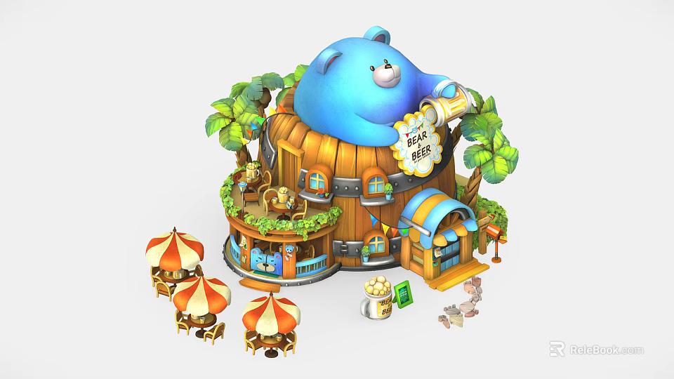 Colorful Charming Cartoon Scene Featuring Blue Bear-shaped Building Palm Trees Small Stalls and Umbrella Tables 3d model 