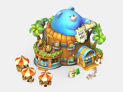 Colorful Charming Cartoon Scene Featuring Blue Bear-shaped Building Palm Trees Small Stalls and Umbrella Tables 3d model