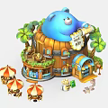 Colorful Charming Cartoon Scene Featuring Blue Bear-shaped Building Palm Trees Small Stalls and Umbrella Tables