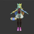 Anime Character With Feline Creature Features Blue Yellow Gradient Hair Long Coat Shorts Stockings Sneakers