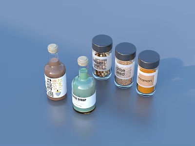 Various Glass Spice Bottles With Seasoning Labels For Kitchen 3d model