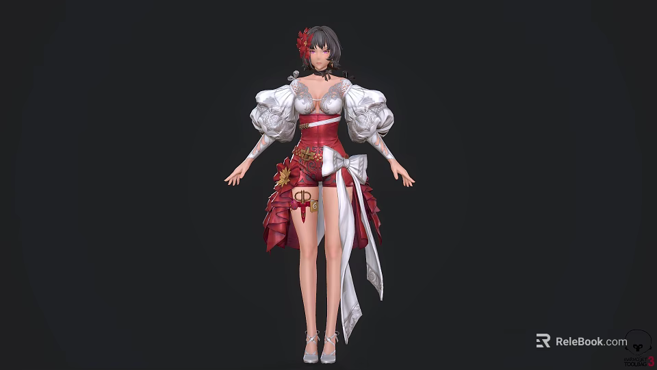 Game And Movie Character In Red White Costume With Puffed Sleeves Corset Skirt Ribbons 3d model 